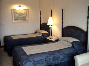 hotel room with twin beds